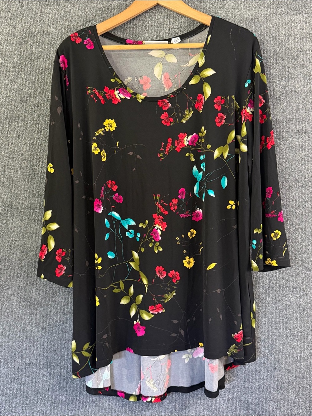 Susan Graver Womens 3X Liquid Knit Tunic Floral Botanical Peplum High Low Top